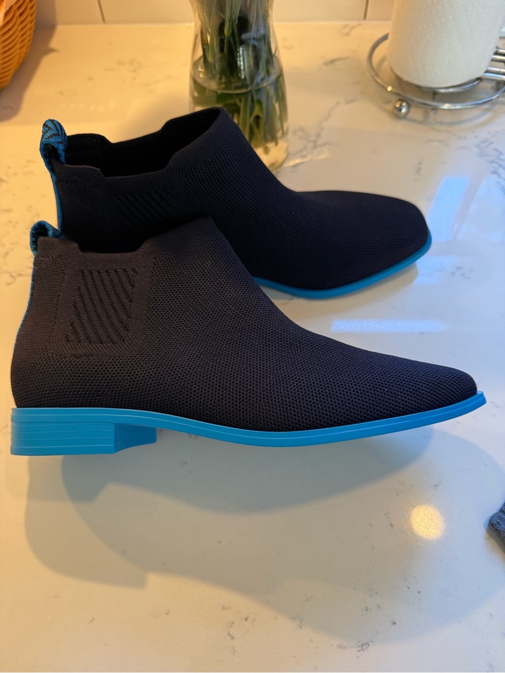Knit Chelsea Vivaia Ankle Boots in Navy with Bright Blue Sole